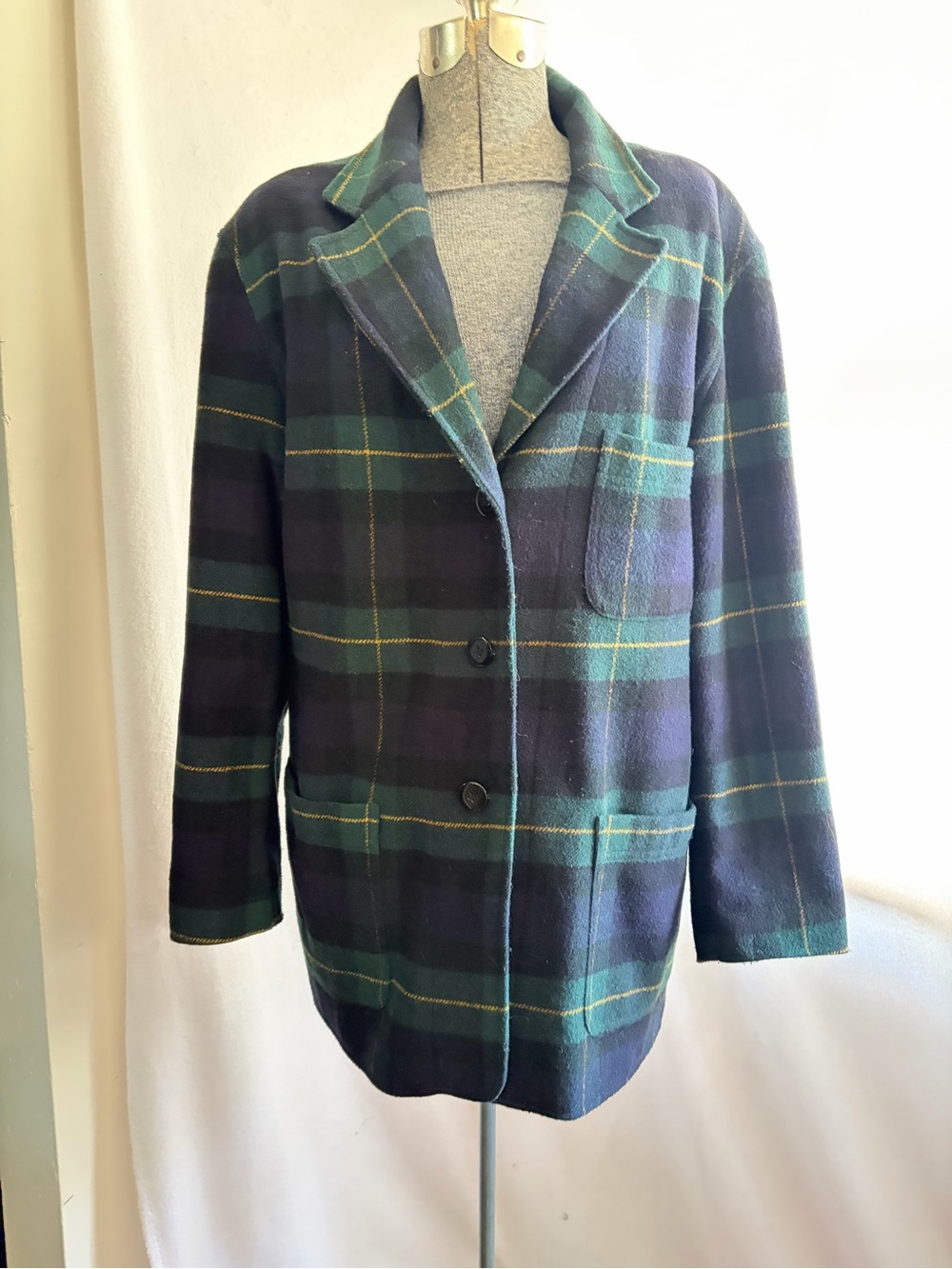 Vtg 90s Express plaid wool blend blazer jacket, blue/green tartan boyfriend cut